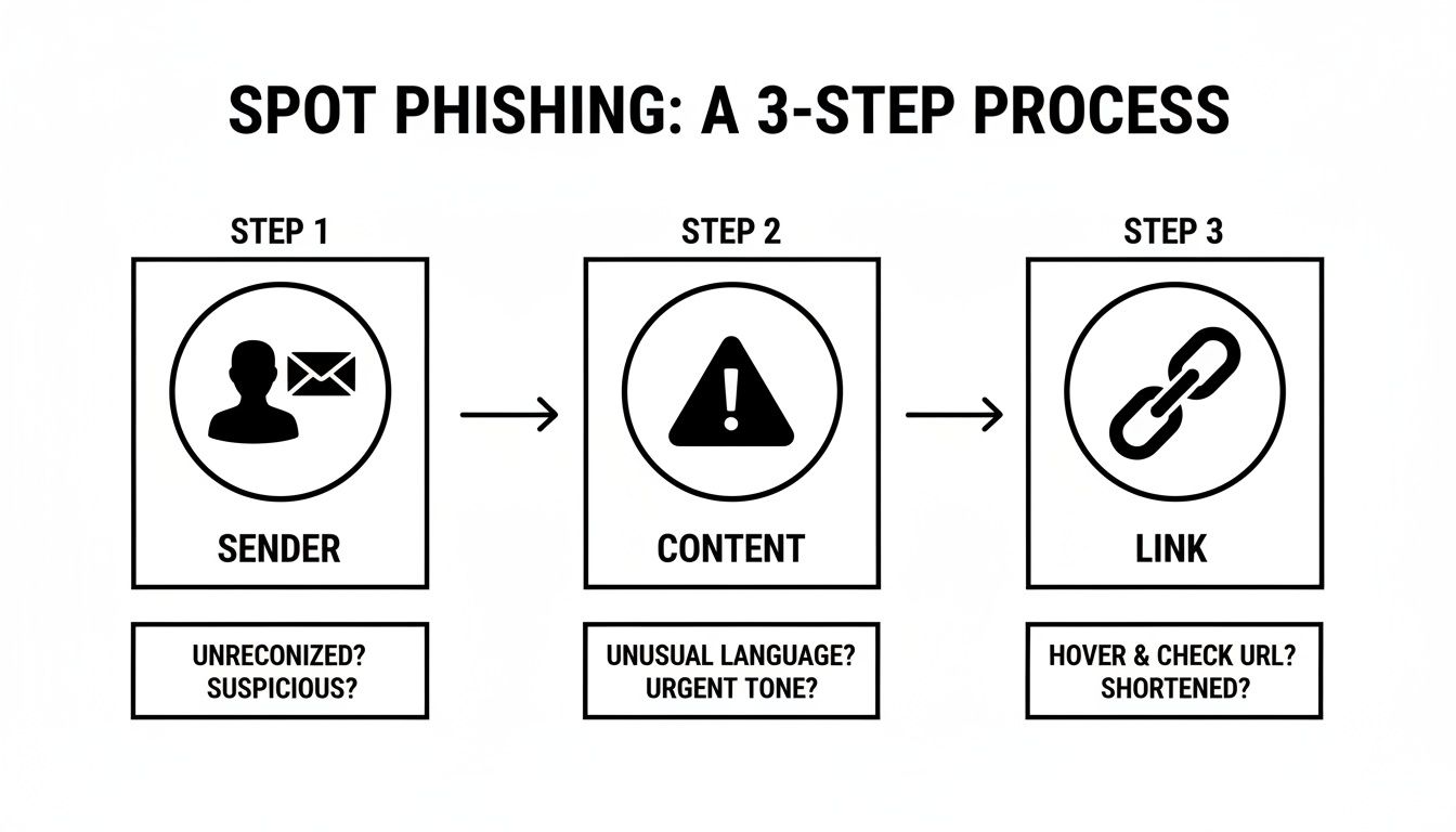 Flowchart detailing a 3-step process to spot phishing by checking sender, content, and links.