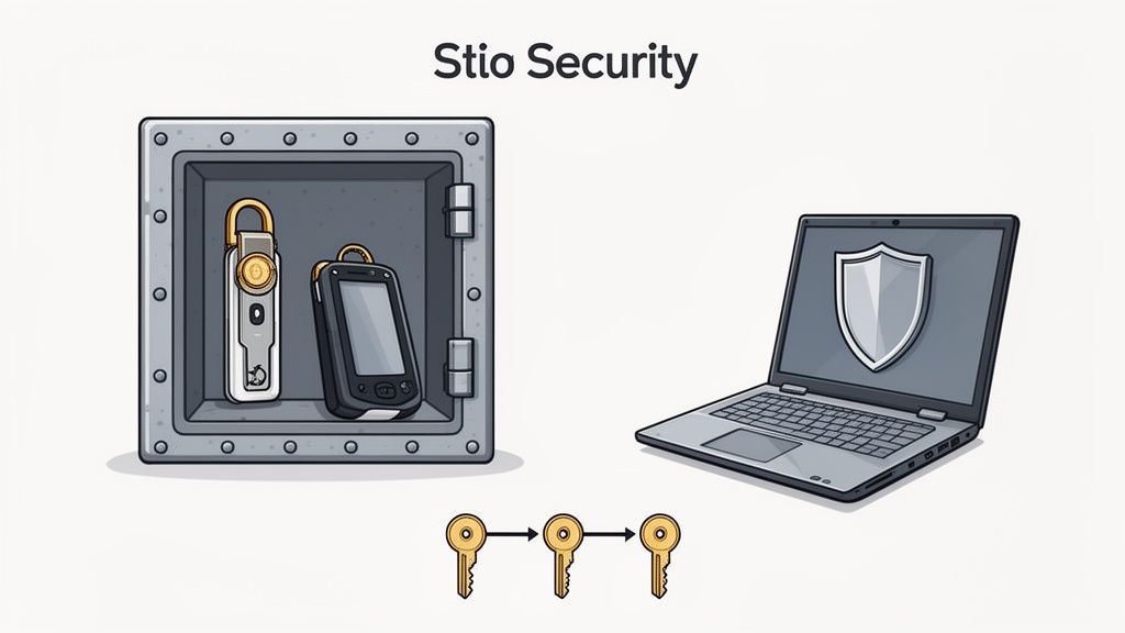 An open safe with a hardware security key and smartphone, a laptop with a shield, and a chain of three keys represent Stio Security.