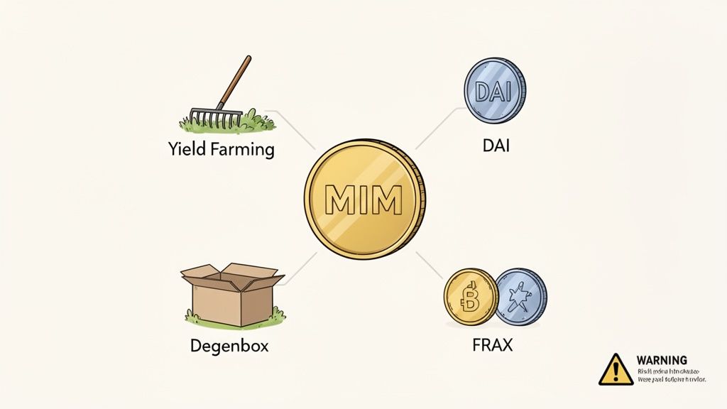 A diagram showing the Magic Internet Money (MIM) coin connected to Yield Farming, DAI, FRAX, and Degenbox.