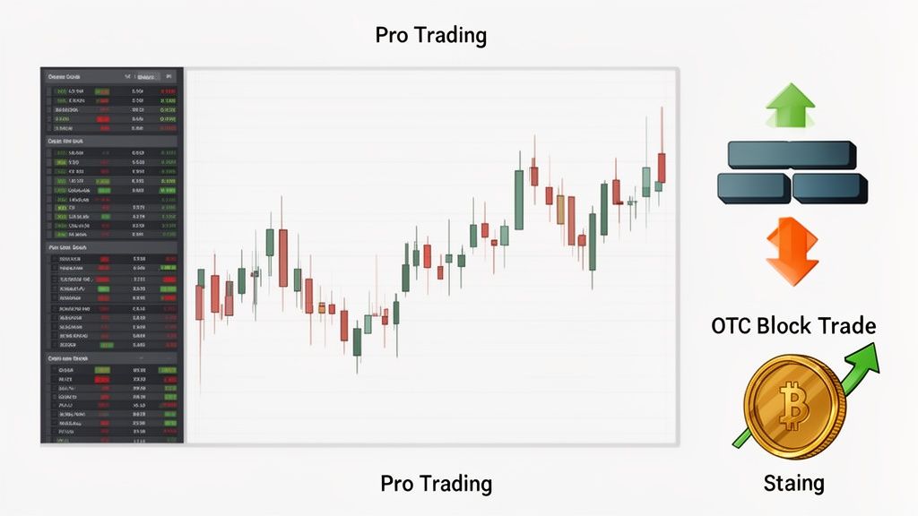 A graphic illustrating a pro trading platform with candlestick charts, OTC block trade, and Bitcoin growth/staking.