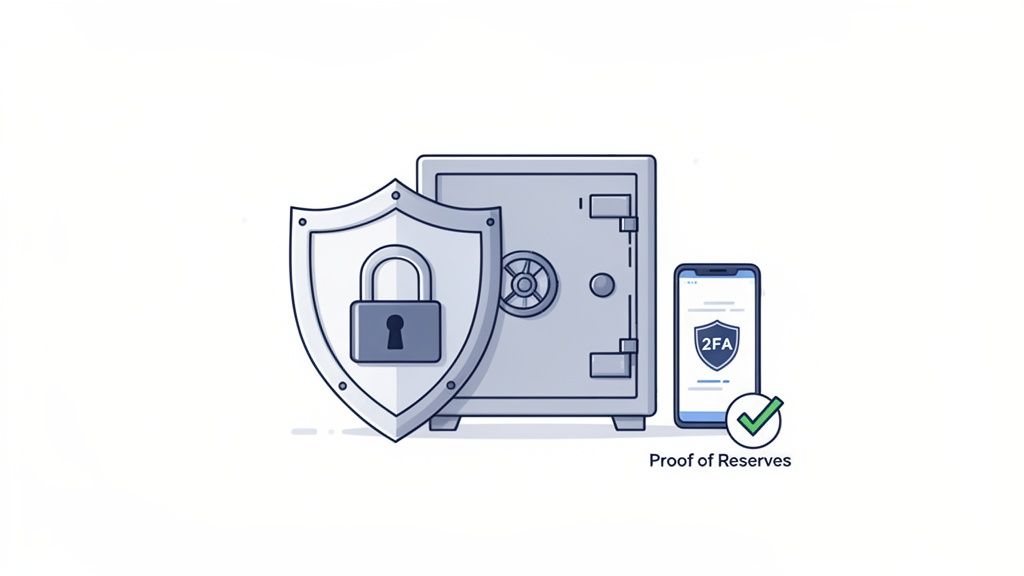 An illustration of digital security and proof of reserves, featuring a safe, padlock, and 2FA.
