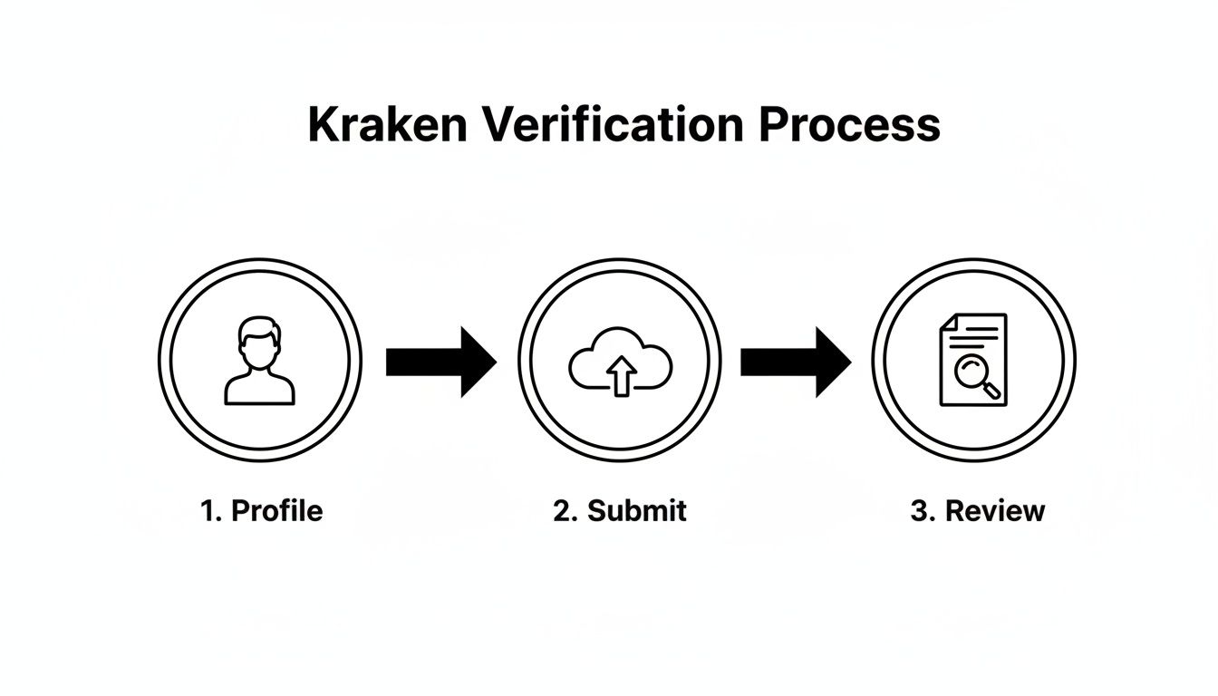 Kraken verification process infographic illustrating three steps: profile, submit, and review.