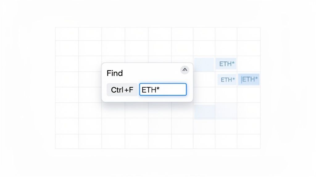A 'Find' dialog box searching for 'ETH*' in a grid, highlighting matching cells.