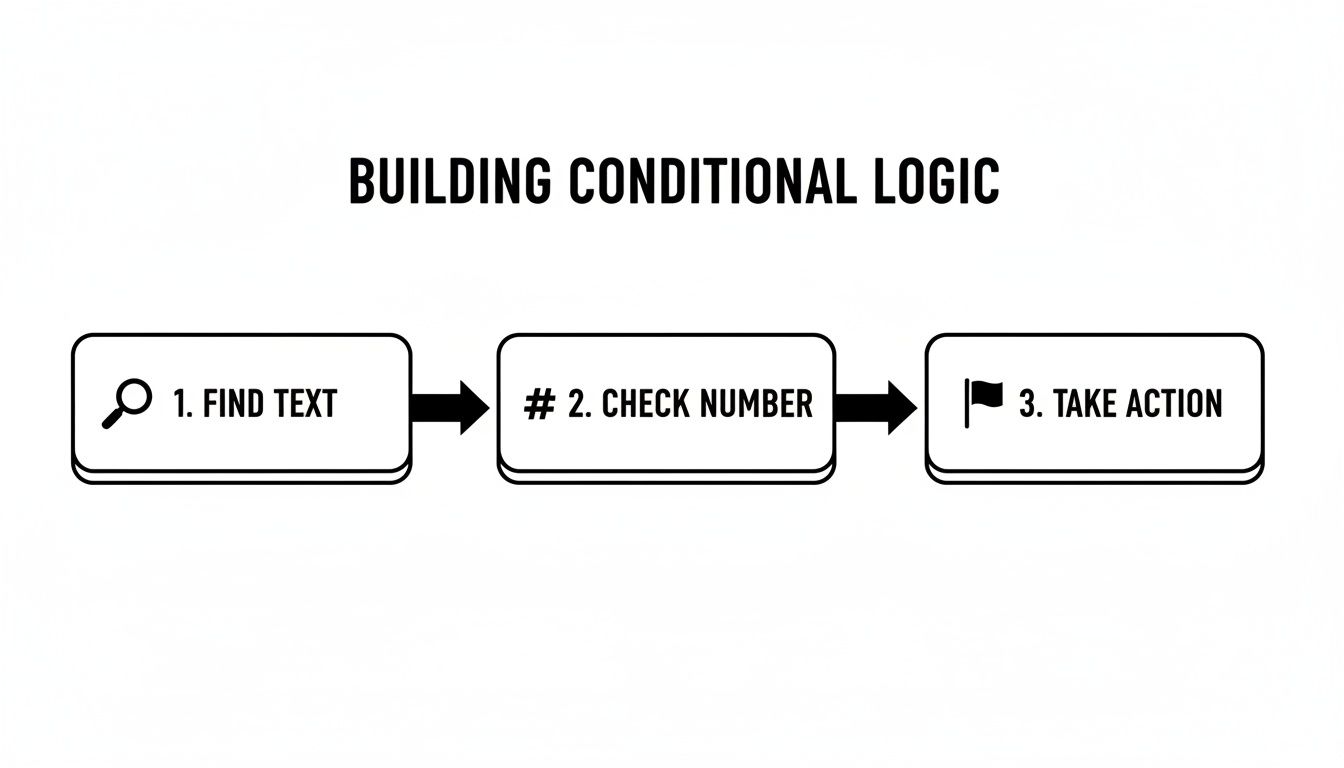 A flowchart titled 'Building Conditional Logic' shows three steps: Find Text, Check Number, Take Action.