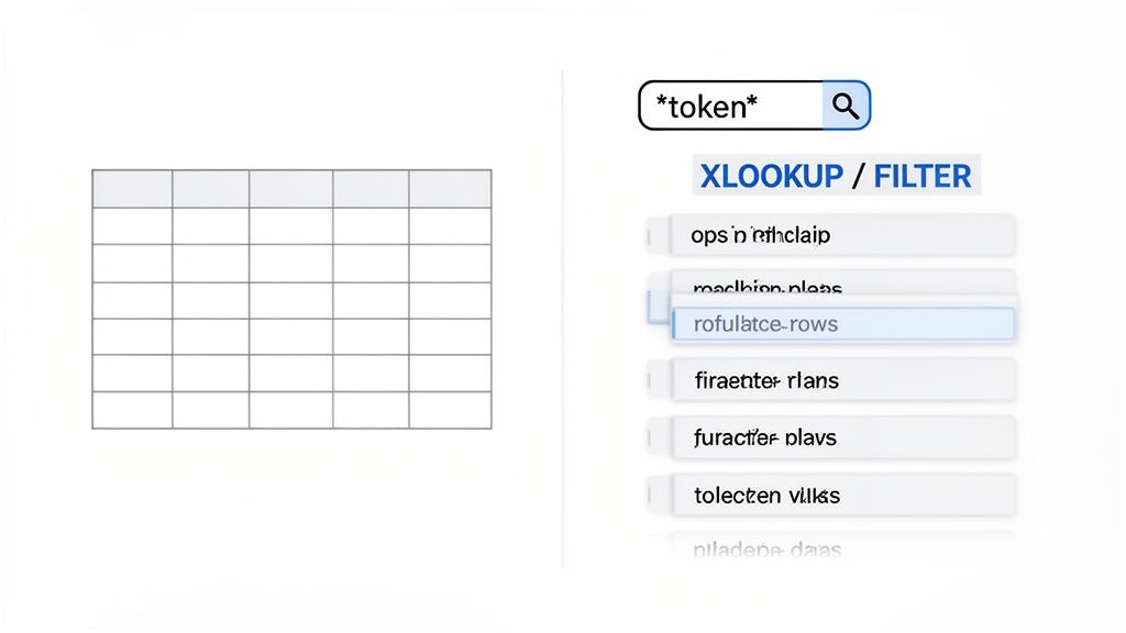 A spreadsheet next to a search interface with 'XLOOKUP / FILTER' and highlighted results.
