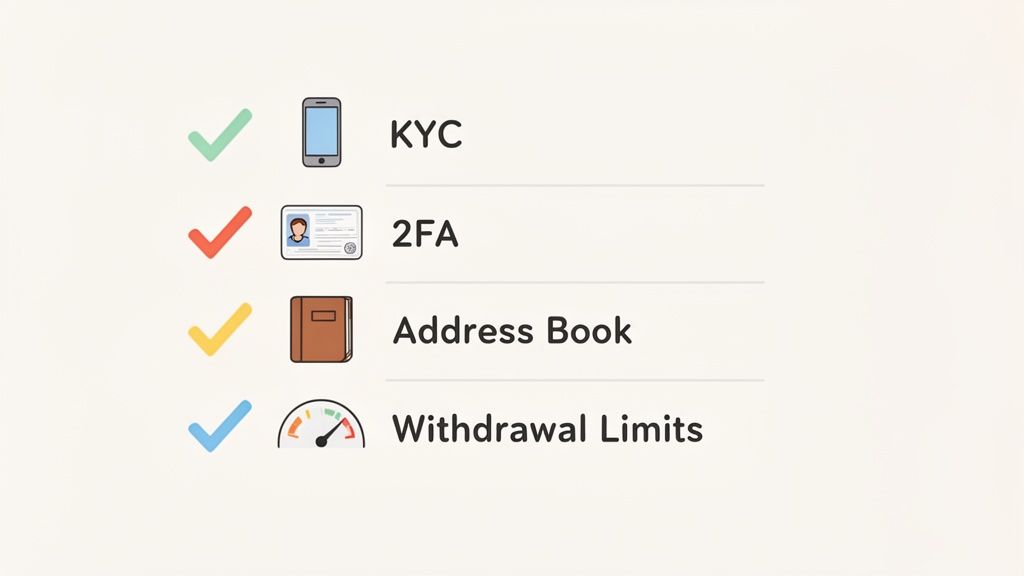 A checklist showing four security features: KYC with a phone, 2FA with an ID, Address Book with a book, and Withdrawal Limits with a speedometer.