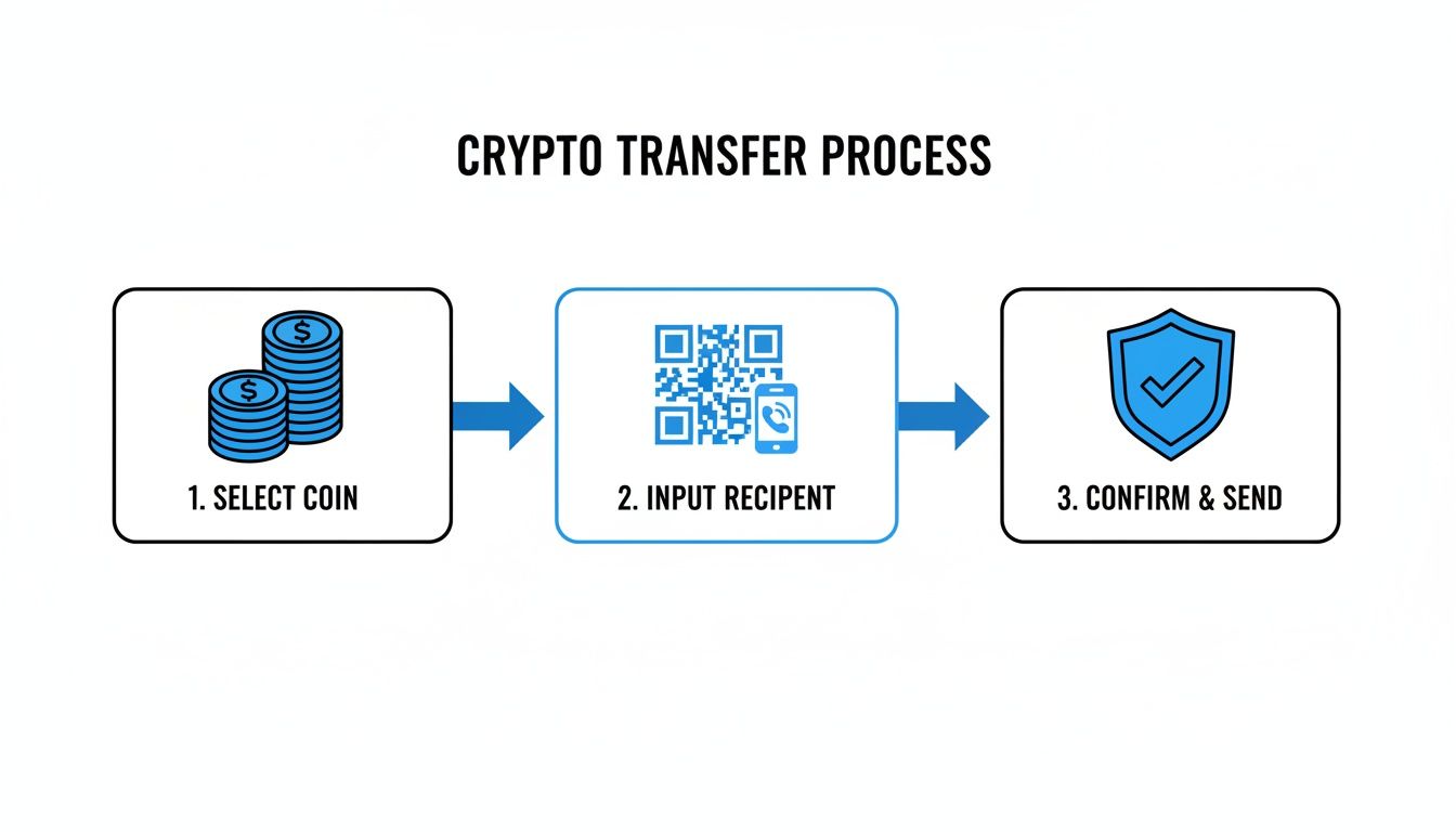 A three-step diagram illustrating the crypto transfer process: select coin, input recipient, and confirm & send.