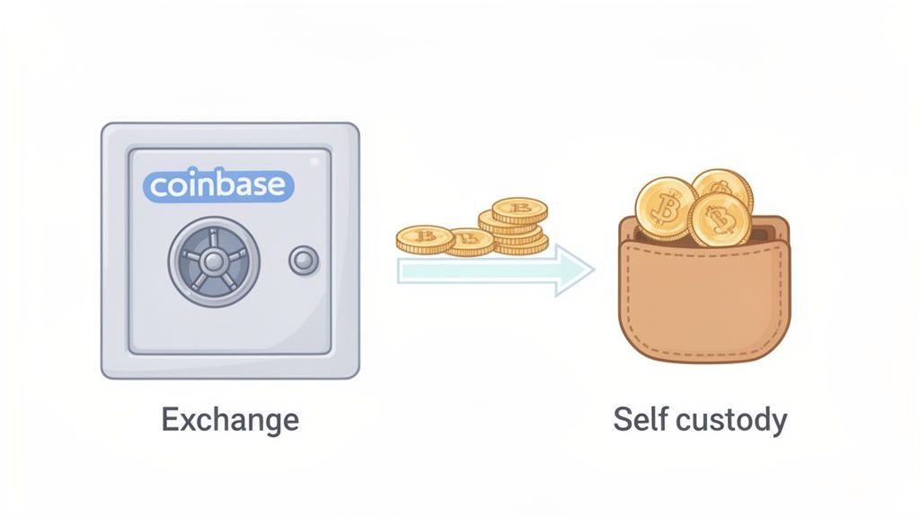 Illustration showing Bitcoin coins moving from a Coinbase exchange safe to a self-custody pocket.
