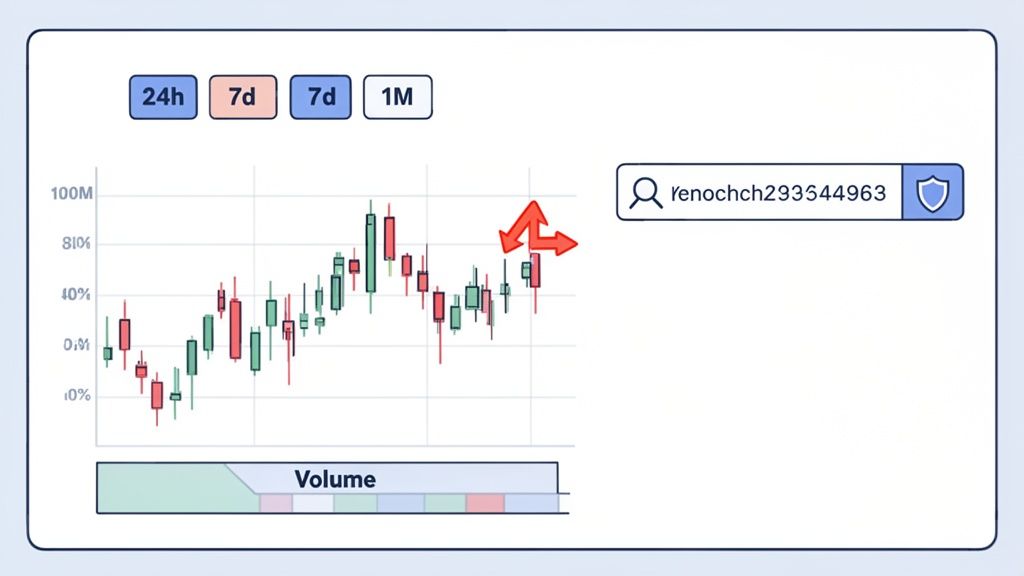 A financial chart displaying candlestick patterns and trading volume, with time range buttons and a search bar.