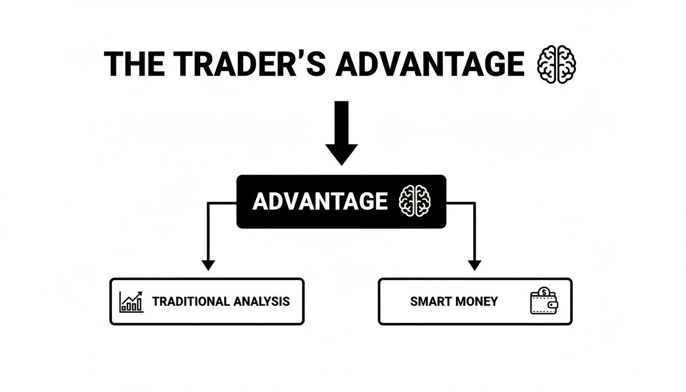 Flowchart illustrating a trader's advantage derived from traditional analysis and smart money concepts.