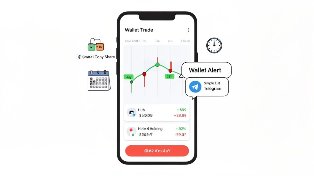 A smartphone displays a Wallet Trade app with a stock chart, financial balances, and a Telegram alert.