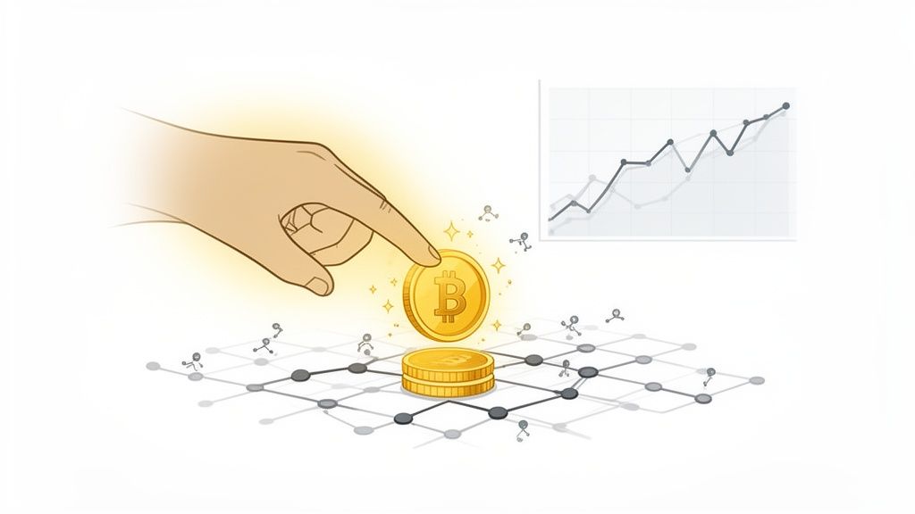 Hand touching a glowing Bitcoin coin on a network, symbolizing cryptocurrency growth and investment.