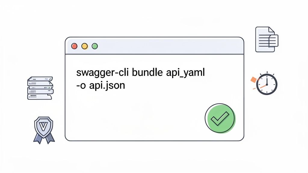 A terminal window showing 'swagger-cli bundle api_yaml -o api.json' command, with development icons.