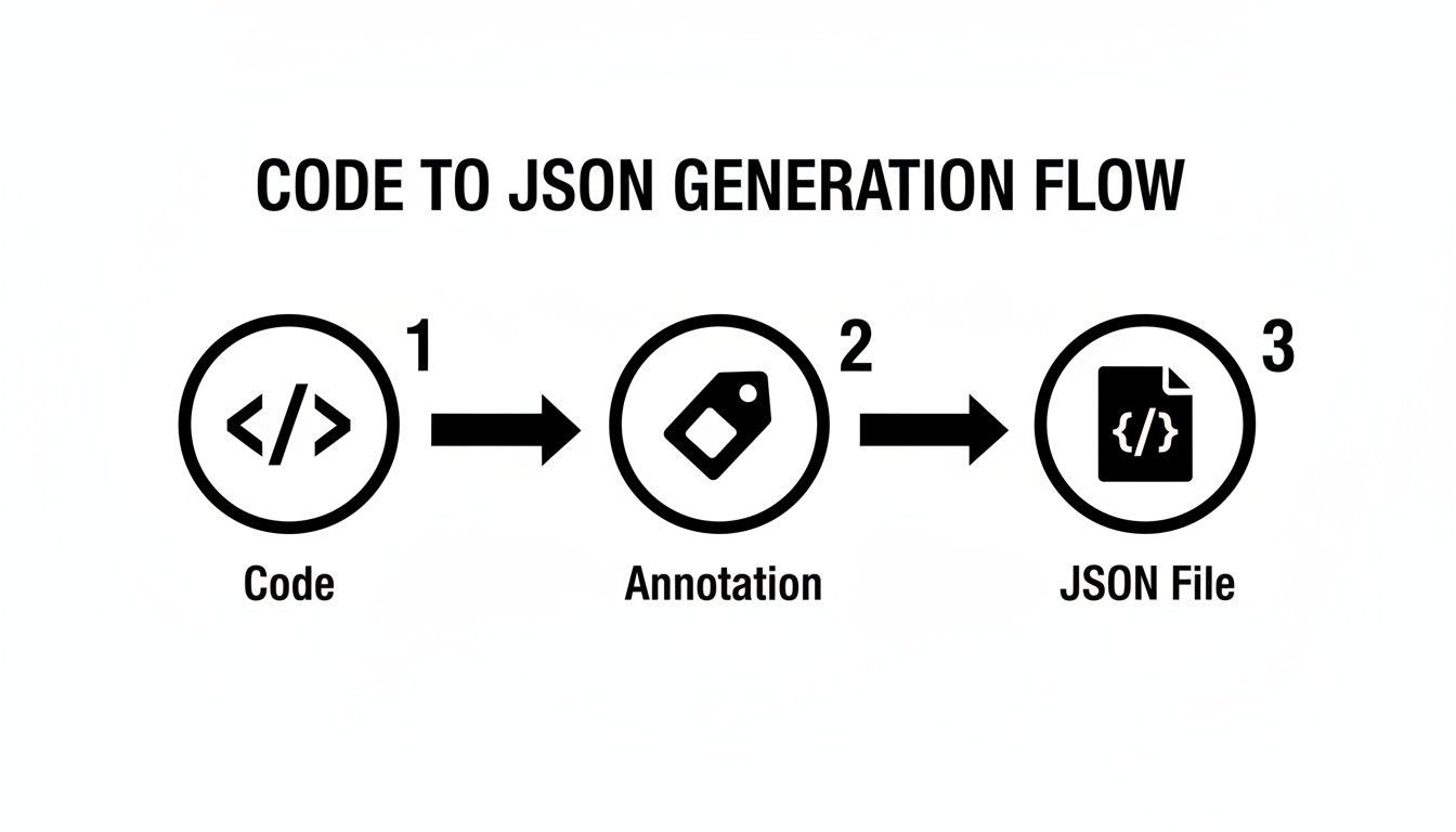 A flowchart illustrates the code to JSON generation process: Code, Annotation, and JSON File.