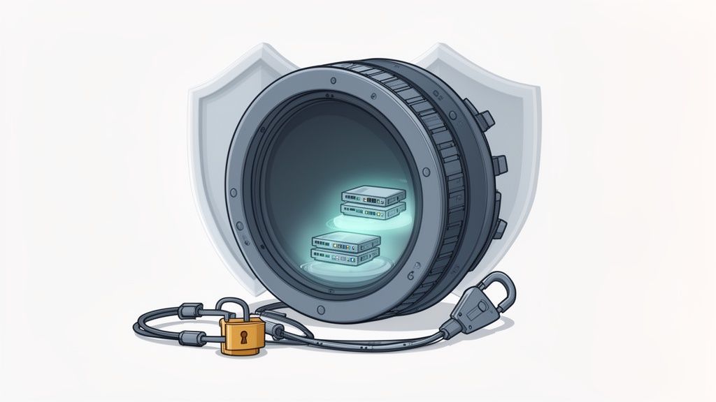 A secure vault with a shield protects glowing servers inside, locked with a padlock and cable, symbolizing data security.