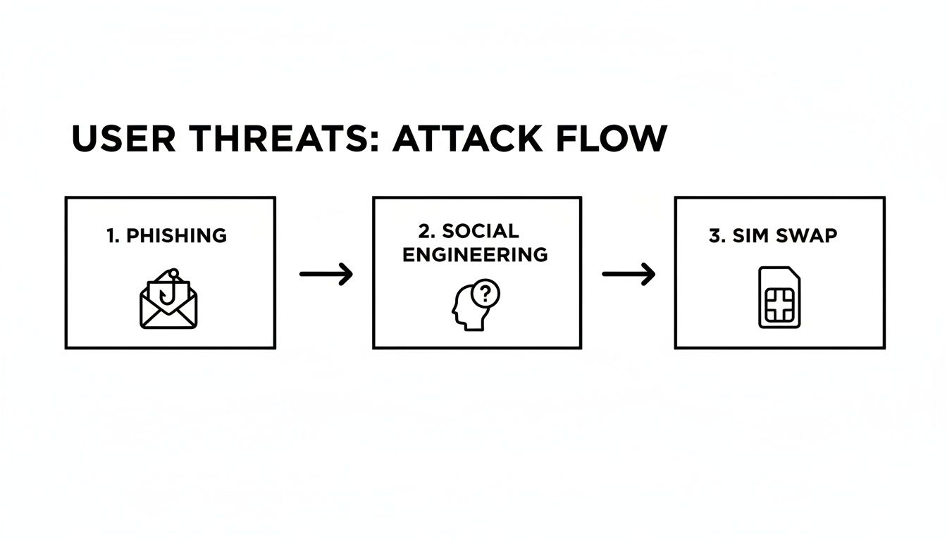 Flowchart illustrating a user attack flow from phishing, social engineering, to SIM swap.