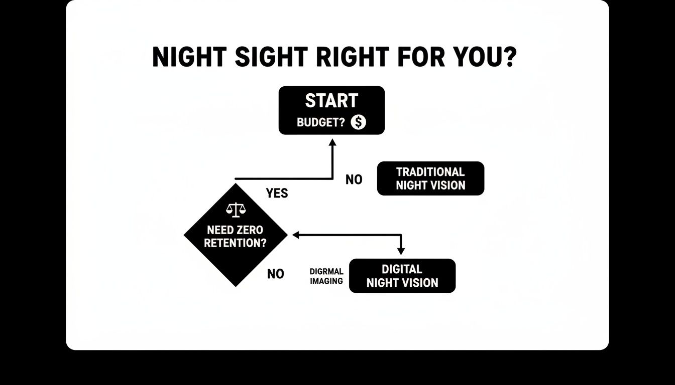Flowchart guiding decision-making for night sight vision, considering budget and retention requirements.