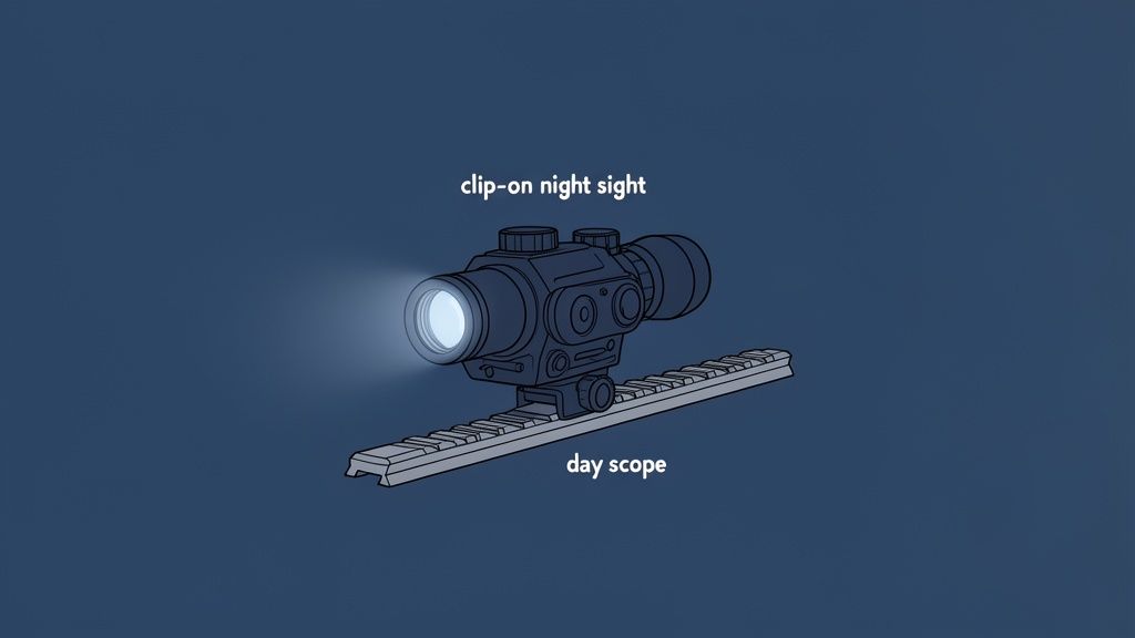 An illustration showing a clip-on night sight attached to a day scope on a Picatinny rail.