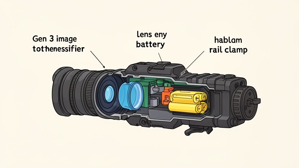 A detailed cutaway diagram of a night vision device, highlighting its image intensifier, lens, battery, and rail clamp.