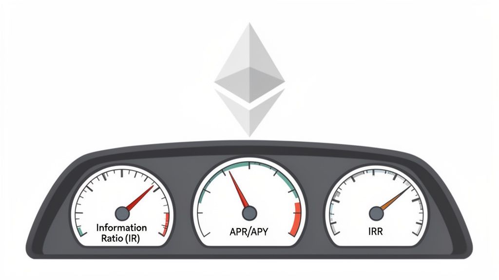 An Ethereum logo above three financial gauges showing Information Ratio (IR), APR/APY, and IRR.