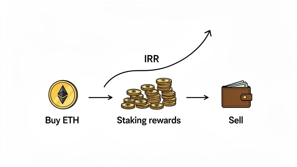 Illustration showing the process of buying ETH, earning staking rewards, and then selling, with an arrow indicating IRR.