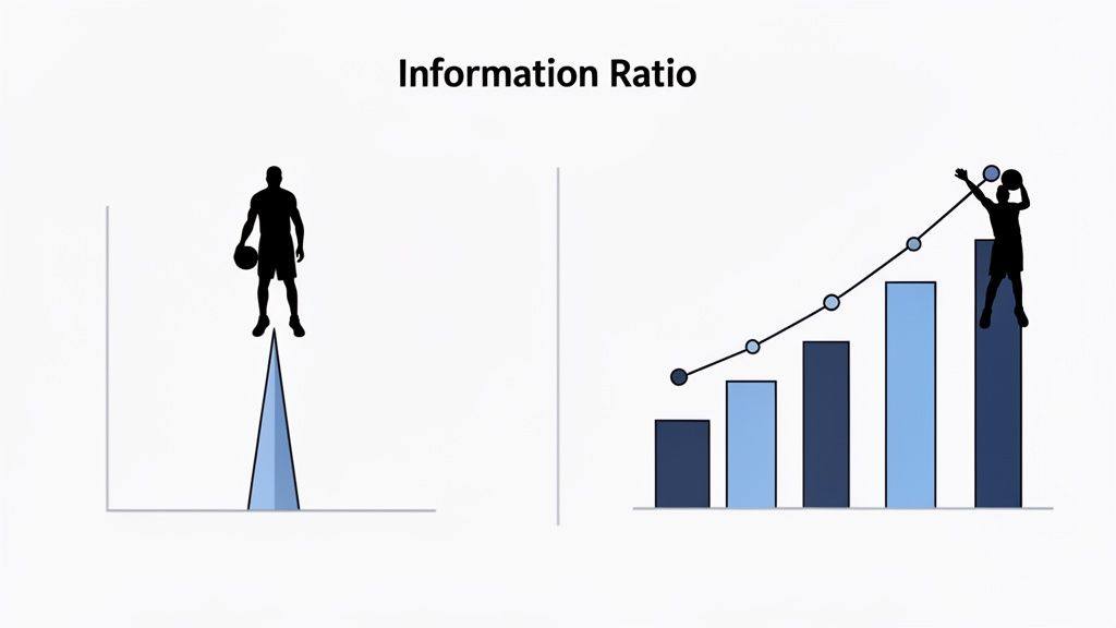 Two diagrams illustrate Information Ratio, showing a player balancing on a point and another reaching for growth.