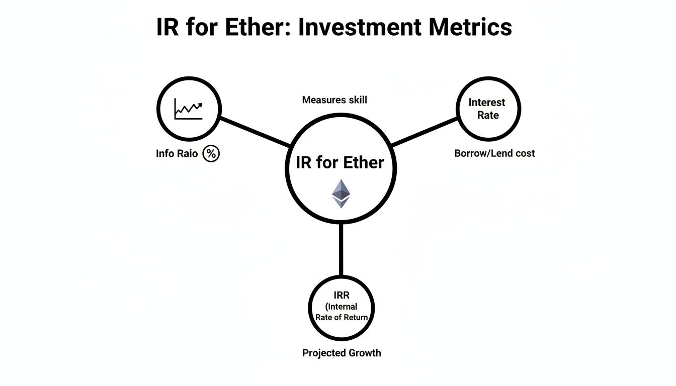 Diagram illustrating 'IR for Ether' investment metrics including Info Ratio, Interest Rate, and Internal Rate of Return.