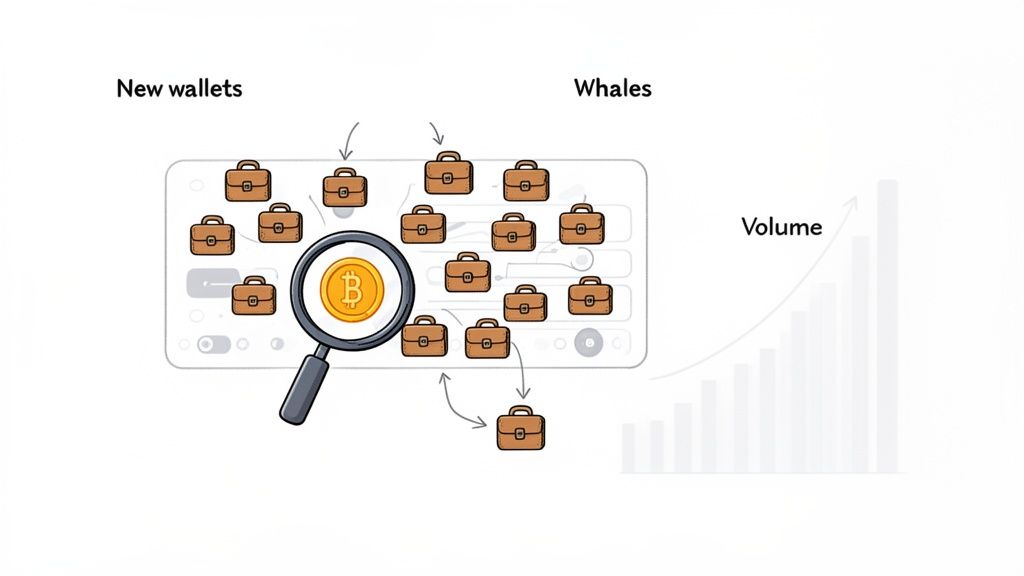 Visualizing cryptocurrency market dynamics: tracking new wallets, whale activity, and increasing Bitcoin trading volume.