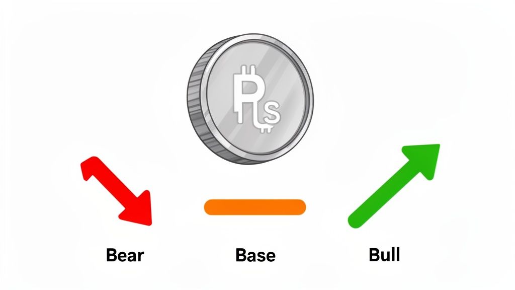 An image illustrating financial market trends: a coin above a 'Base' line, with 'Bear' (down arrow) and 'Bull' (up arrow) indicators.