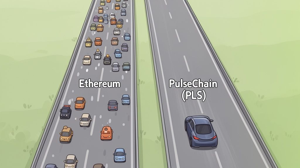 A side-by-side comparison of a congested Ethereum highway and a clear PulseChain (PLS) highway.