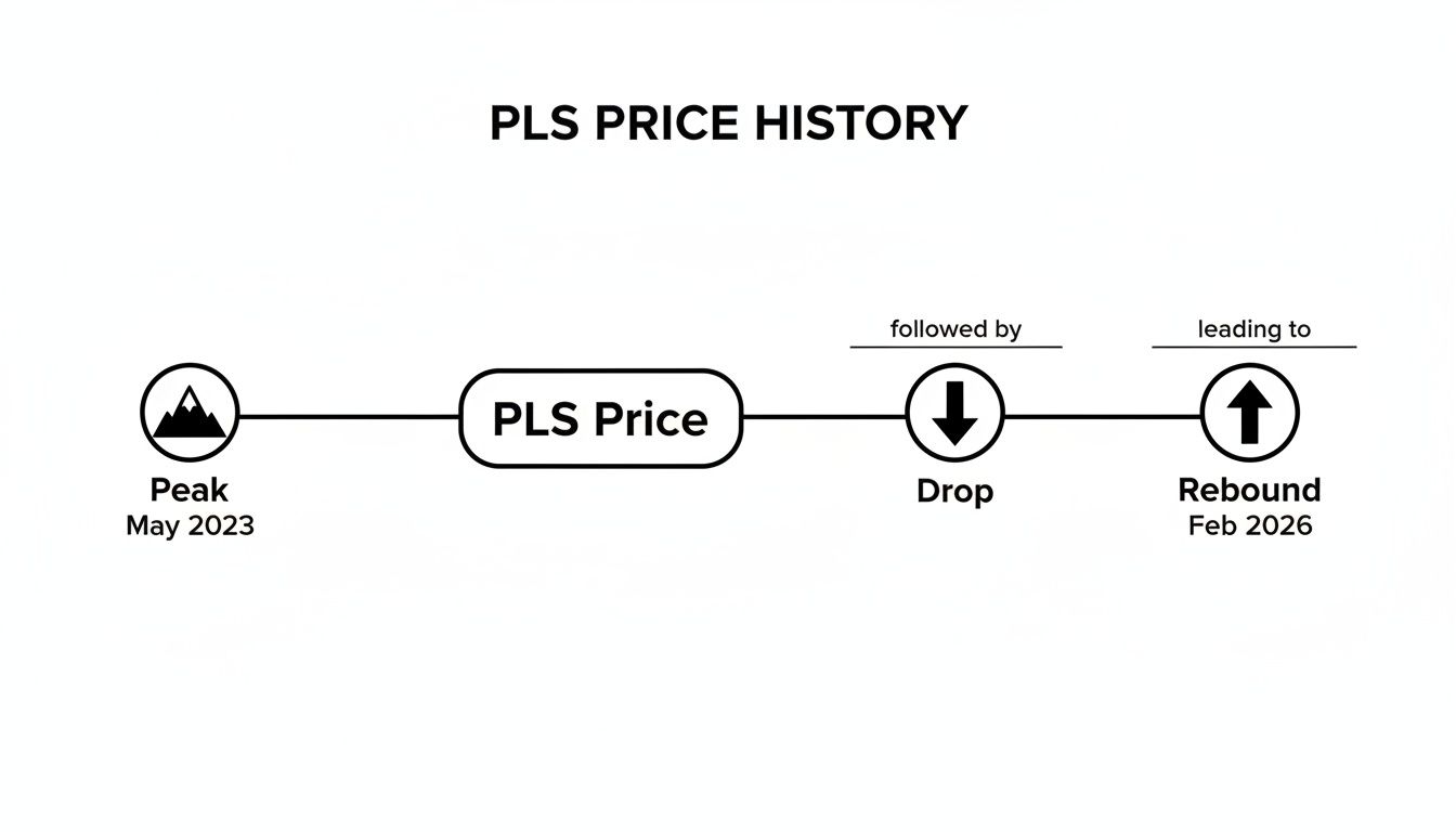 PLS price history timeline shows a peak in May 2023, a drop, and a rebound projected for Feb 2026.