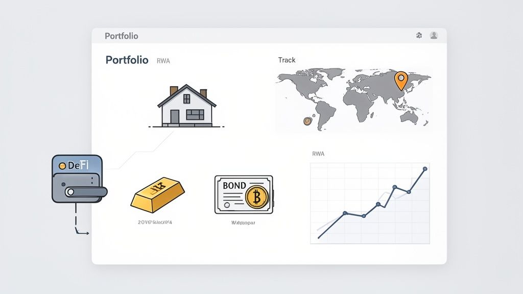 A digital portfolio dashboard displaying real-world assets like a house, gold bar, and crypto bond, integrated with DeFi.