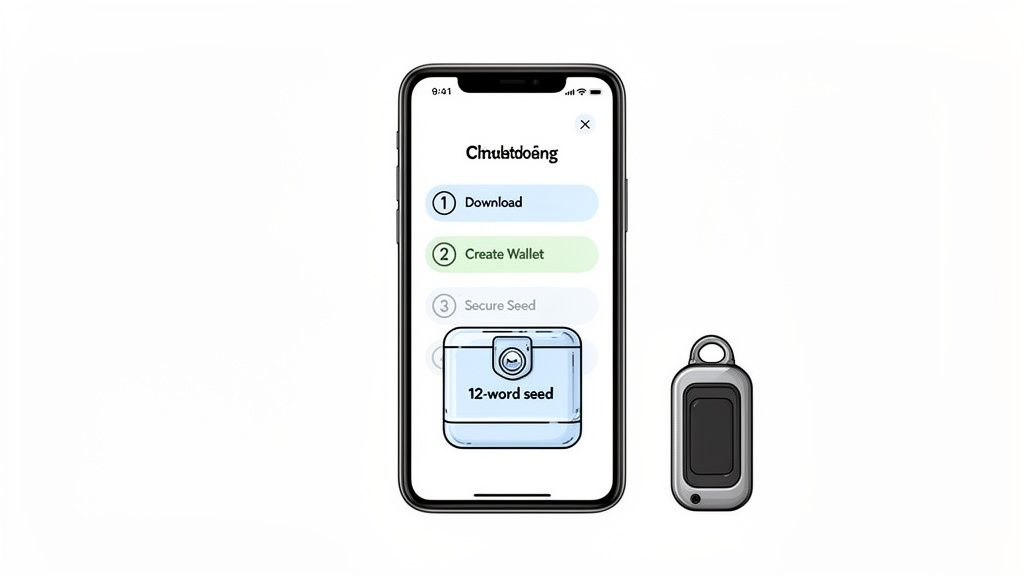 A smartphone shows crypto wallet setup steps: download, create, secure 12-word seed. A hardware wallet is beside it.