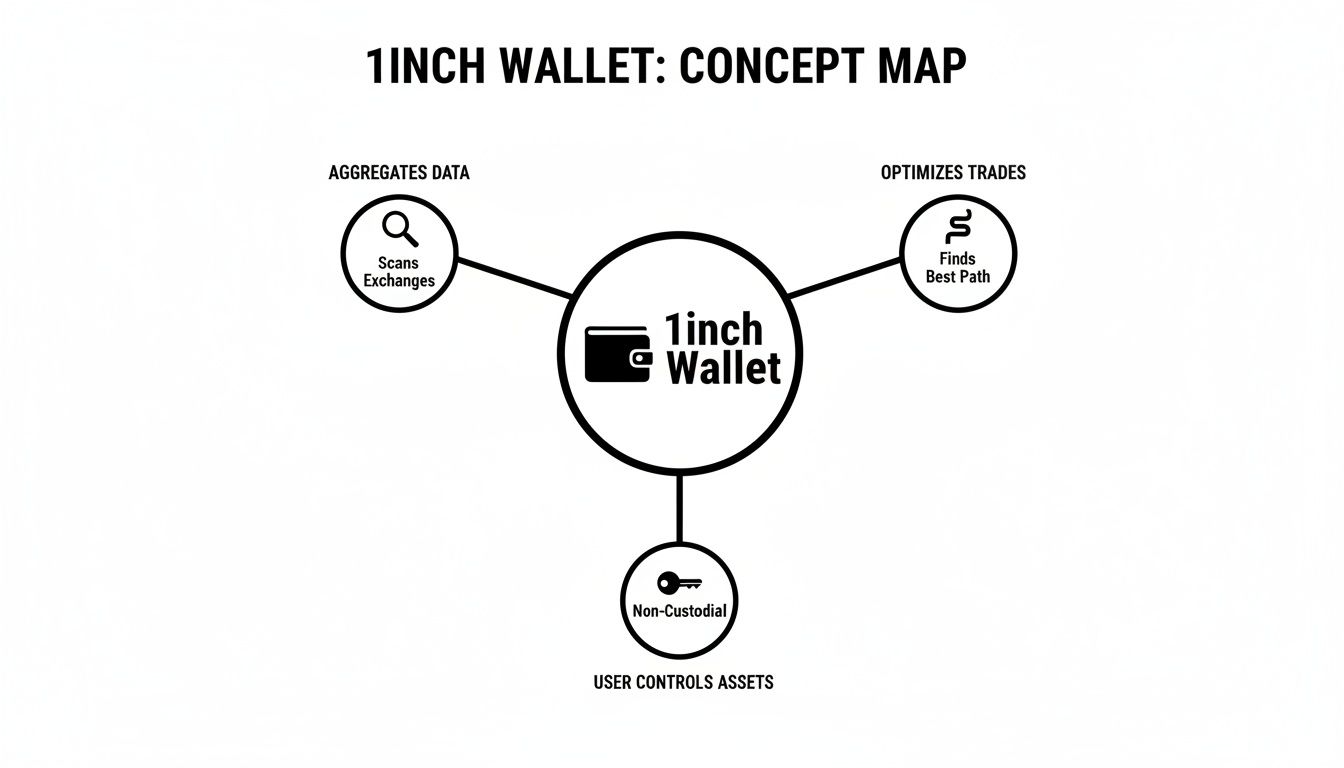 Concept map illustrating the 1inch Wallet's core features: data aggregation, trade optimization, and non-custodial asset control.