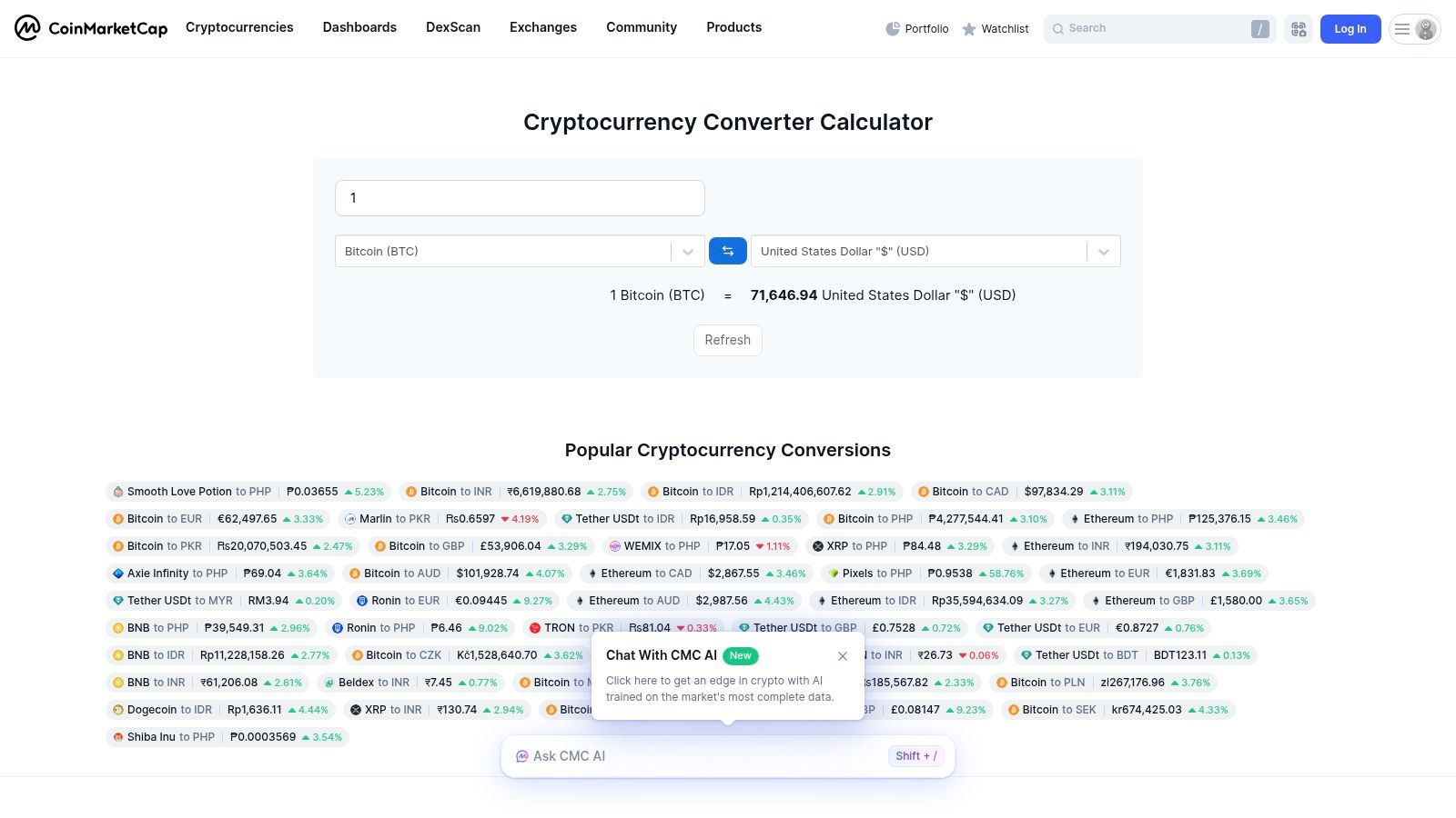 CoinMarketCap — Cryptocurrency Converter Calculator