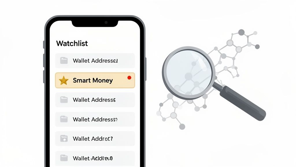A smartphone displays a crypto watchlist with 'Smart Money' highlighted, next to a magnifying glass analyzing data.