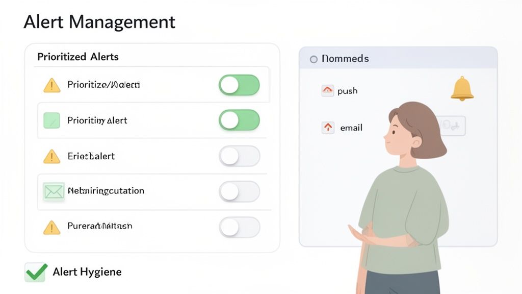 An alert management interface with prioritized alert lists, toggle switches, and notification settings.