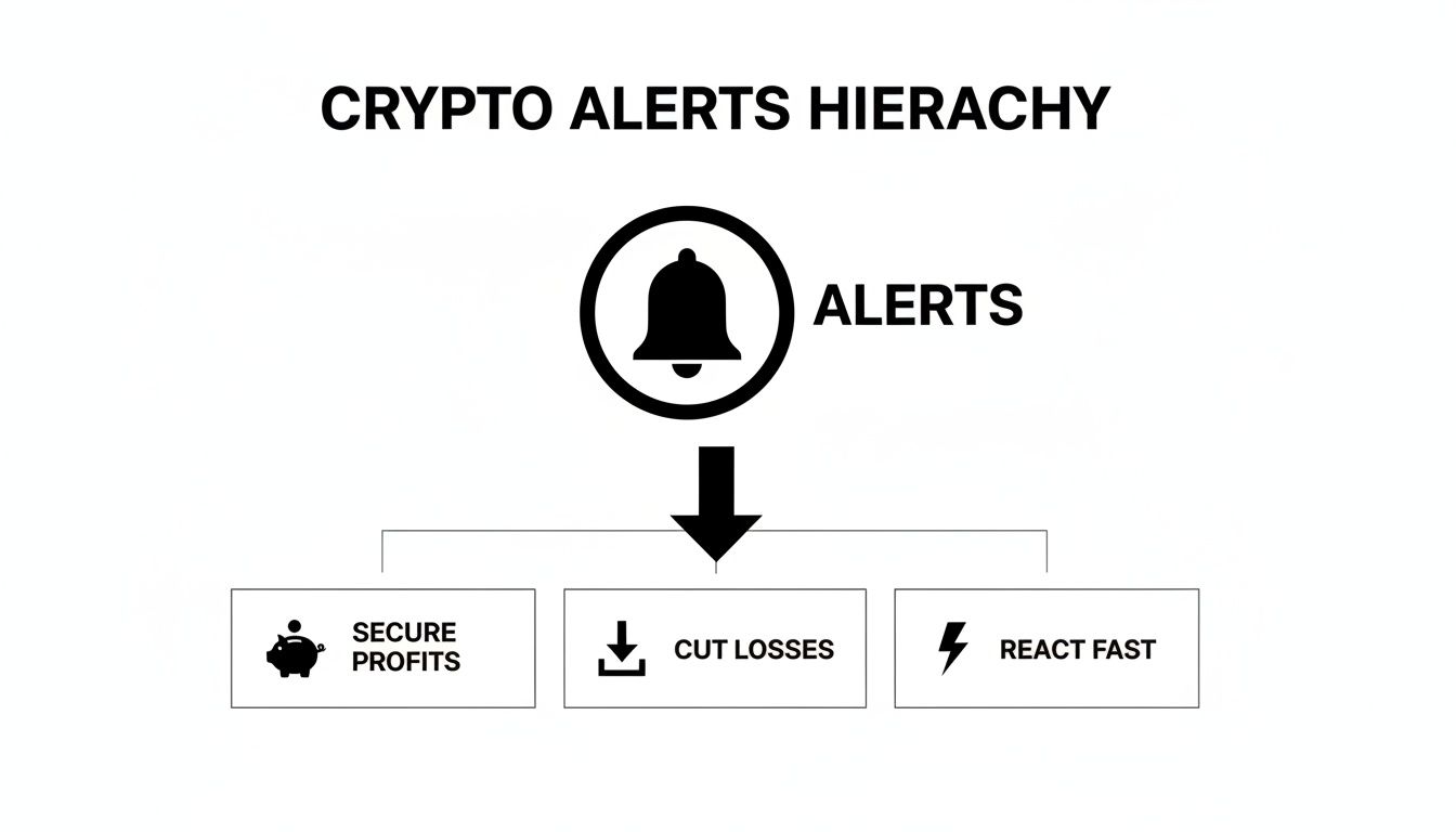 Hierarchy diagram showing crypto alerts for securing profits, cutting losses, and reacting fast.