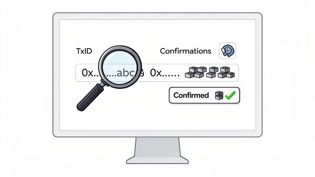 A computer screen displays a transaction ID (TxID) and blockchain confirmations, with a magnifying glass highlighting details.