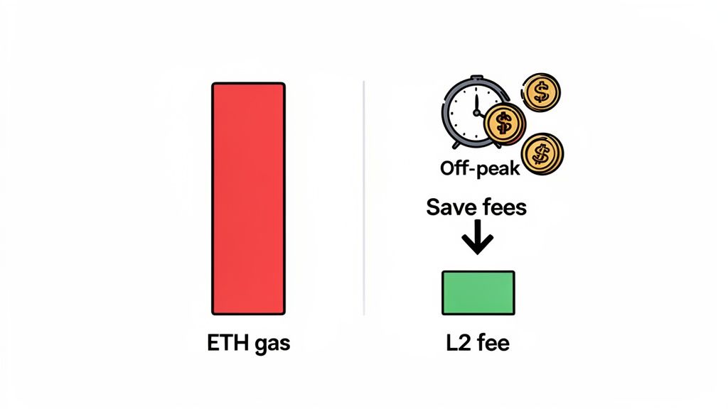 An illustration comparing high ETH gas fees (large red bar) with lower L2 fees (small green bar), highlighting off-peak savings.