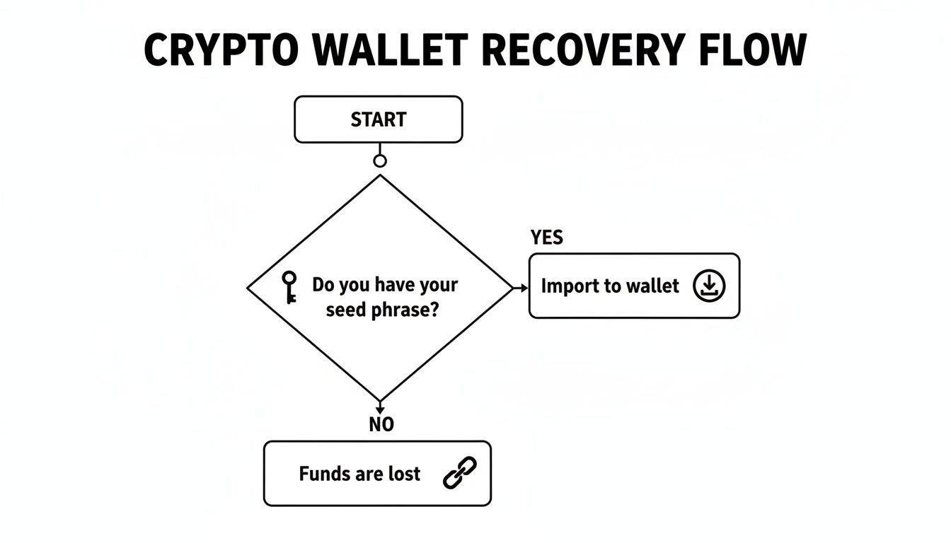 Flowchart illustrating the crypto wallet recovery process based on seed phrase availability, leading to import or lost funds.