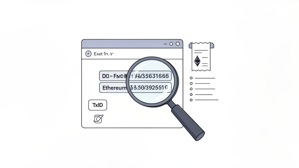 A magnifying glass examines Ethereum transaction details on a screen, with a crypto receipt.