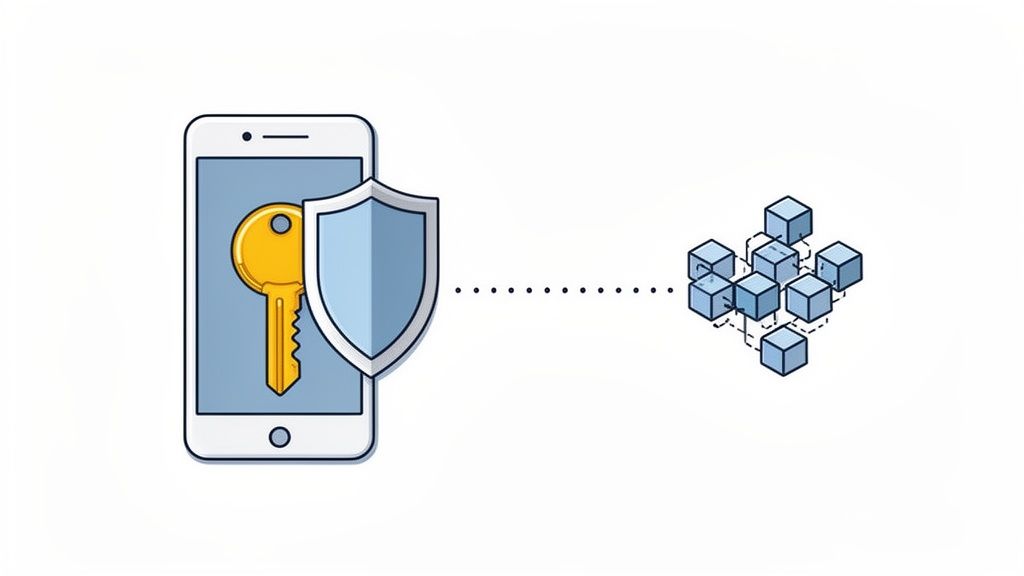 Mobile phone with a key and shield, representing secure access to a decentralized blockchain network.