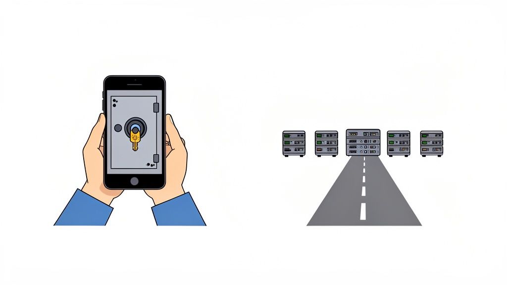 Illustration of hands holding a smartphone displaying a safe with a key, connected to servers.