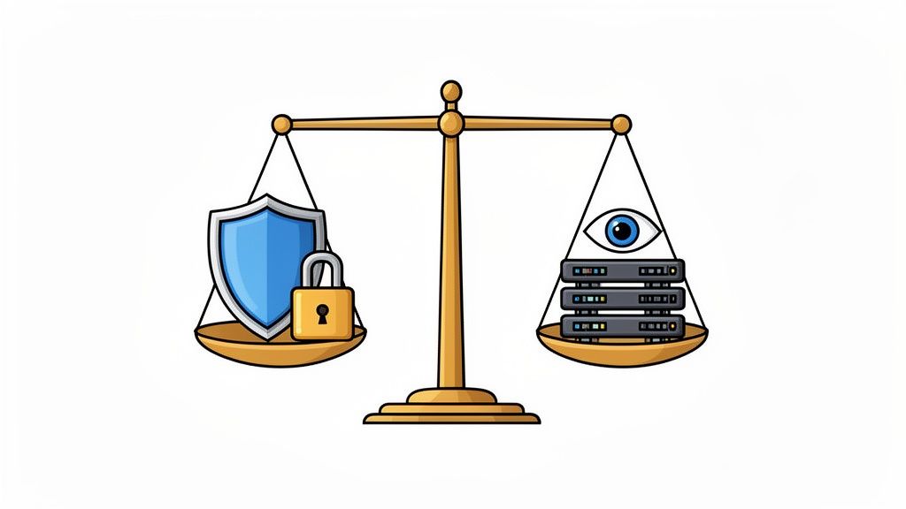 A balanced scale showing digital security (shield, padlock) and data surveillance (eye, servers).