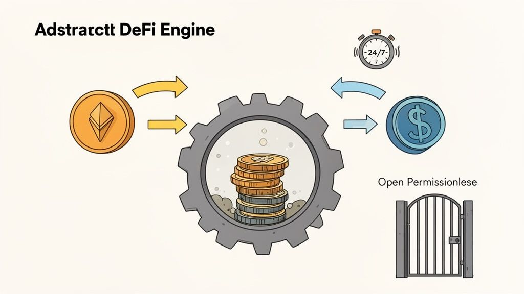 An illustration of the Adstratctt DeFi Engine processing Ethereum into dollar coins, emphasizing 24/7 open and permissionless access.