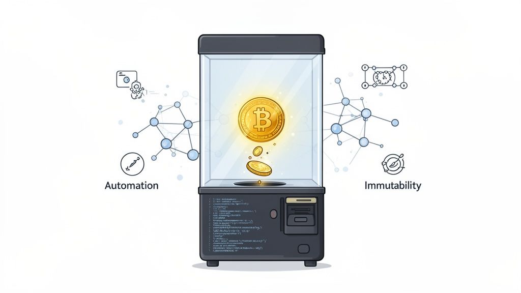 Illustration of a smart contract machine dispensing Bitcoin, showcasing blockchain automation and immutability.