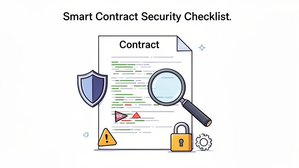 Illustration of a smart contract security checklist showing code, a magnifying glass, and security icons.