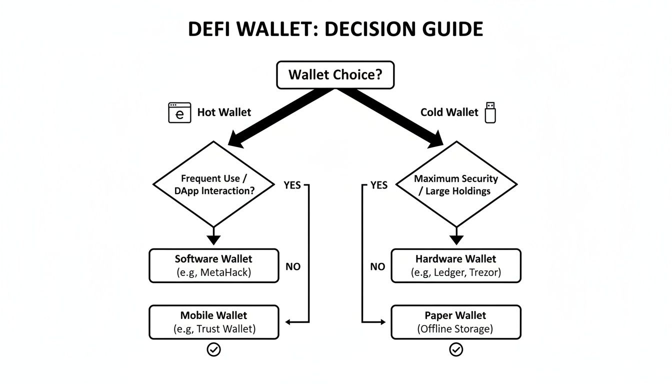 A DeFi wallet decision guide flowchart for choosing between hot and cold wallets based on usage and security.