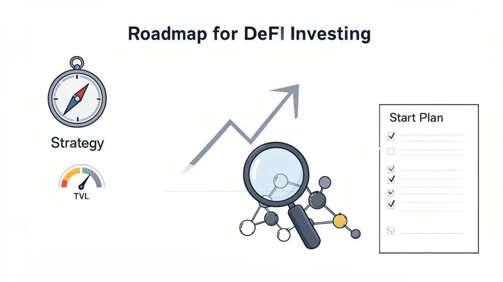 A visual roadmap for DeFi investing, showing strategy, TVL, market trends, analysis, and a start plan checklist.